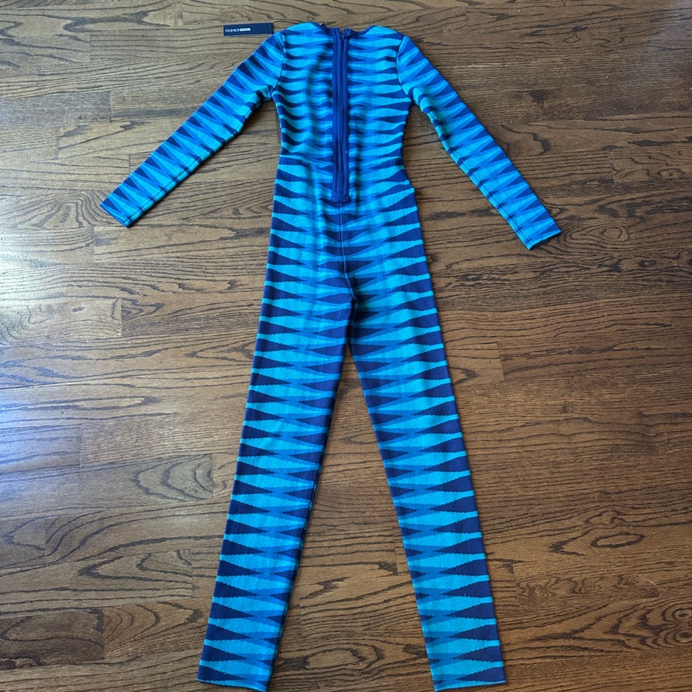 NWT Fashion Nova Stay in Touch Long Sleeve Blue Teal Sweater Jumpsuit Size Small - Picture 4 of 4